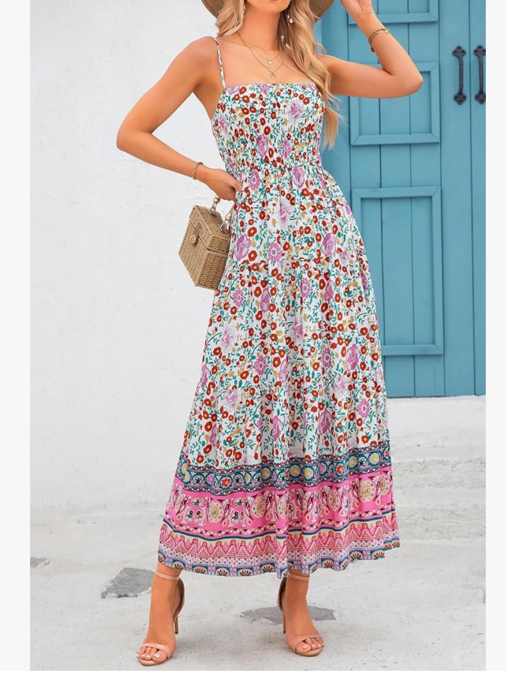 Floral Boho Maxi Dress with Adjustable Straps - Pink Multi